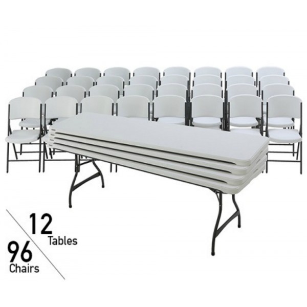 Lifetime 12Pack 8Ft Stacking Tables And 96 Chairs Combo White