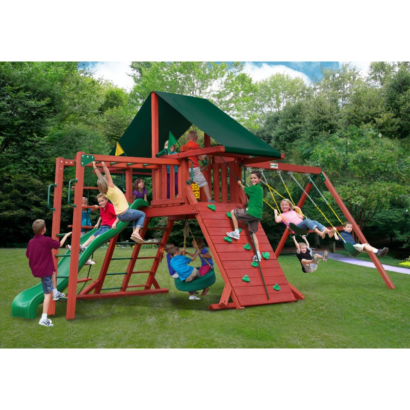 Gorilla Sun Climber II Cedar Wood Swing Set Kit w/ Sunbrella® Canvas Forest Green Canopy - Redwood (01-0025)