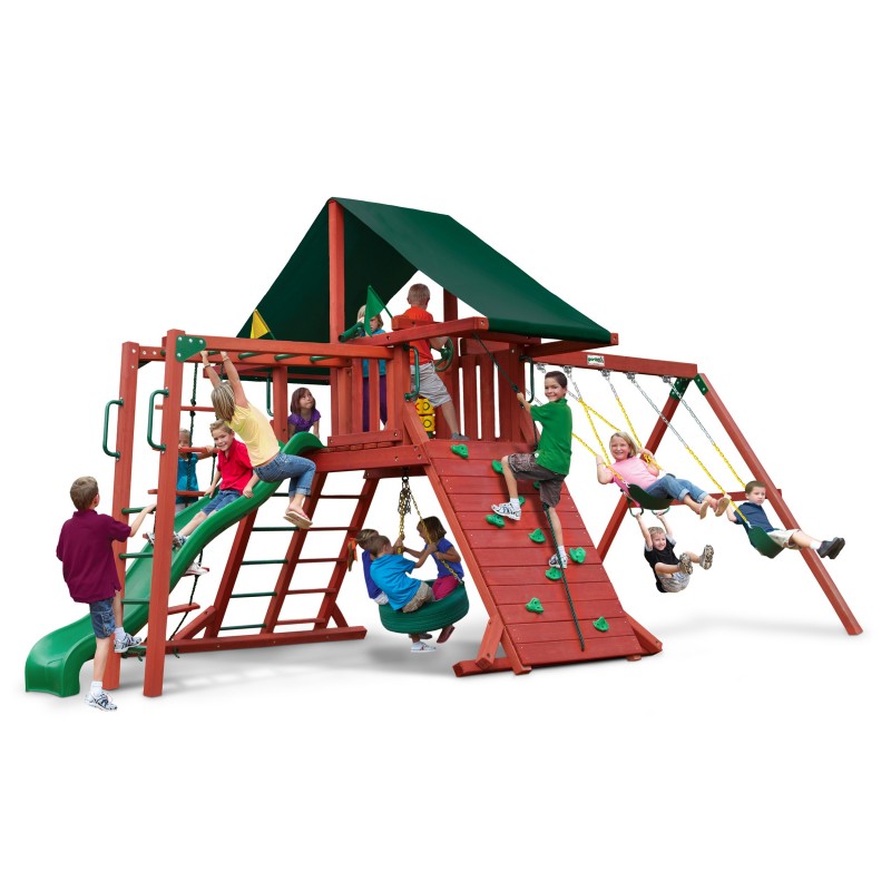 Gorilla Sun Climber II Cedar Wood Swing Set Kit w/ Sunbrella® Canvas Forest Green Canopy - Redwood (01-0025)