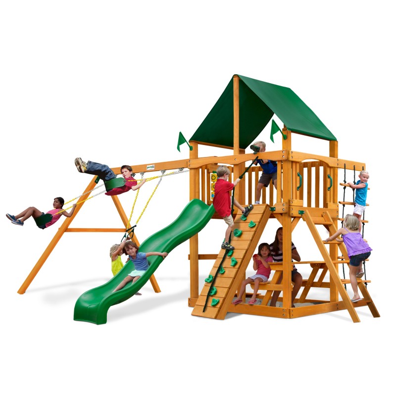 Gorilla Chateau Cedar Wood Swing Set Kit w/ Amber Posts and and Sunbrella® Canvas Forest Green Canopy - Amber (01-0003-AP-2)