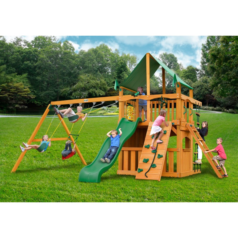 Gorilla Chateau Clubhouse Cedar Wood Swing Set Kit w/ Amber Posts and Deluxe Green Vinyl Canopy - Amber (01-0035-AP-1)