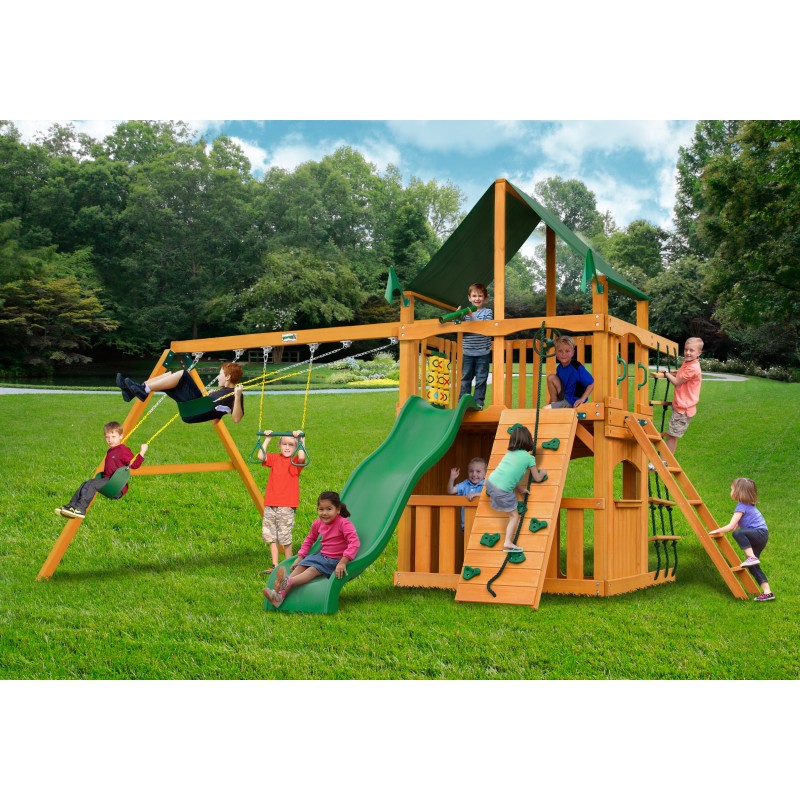 Chateau Clubhouse Swing Set w/ Amber Posts and and Sunbrella® Canvas Forest Green Canopy - Amber (01-0035-AP-2)