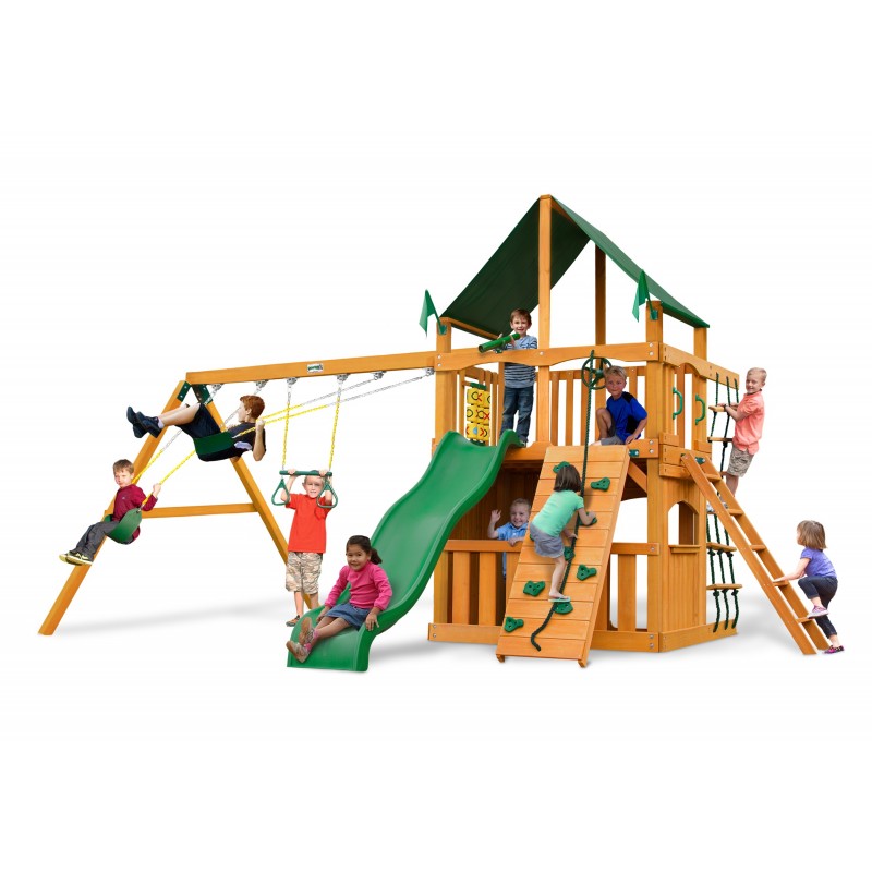 Gorilla Chateau Clubhouse Swing Set w/ Amber Posts and and Sunbrella® Canvas Forest Green Canopy - Amber (01-0035-AP-2)