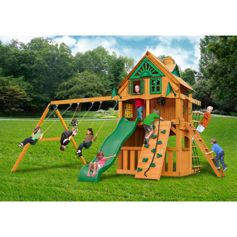 Gorilla Chateau Clubhouse Treehouse Cedar Wood Swing Set Kit w/ Fort Add-On and Natural Cedar - Amber (01-0065-AP)