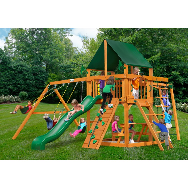 Gorilla Navigator Cedar Wood Swing Set Kit w/ Amber Posts and and Sunbrella® Canvas Forest Green Canopy - Amber (01-0020-AP-2)