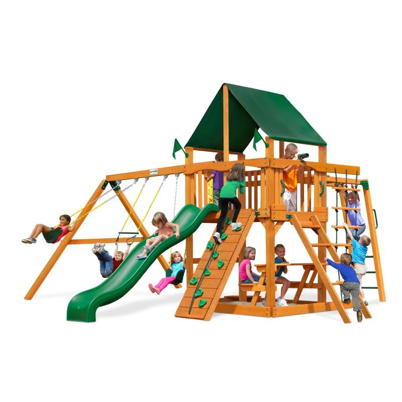 Gorilla Navigator Cedar Wood Swing Set Kit w/ Amber Posts and and Sunbrella® Canvas Forest Green Canopy - Amber (01-0020-AP-2)