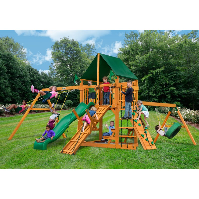 Gorilla Frontier Cedar Wood Swing Set Kit w/ Amber Posts and and Sunbrella® Canvas Forest Green Canopy - Amber (01-0004-AP-2)