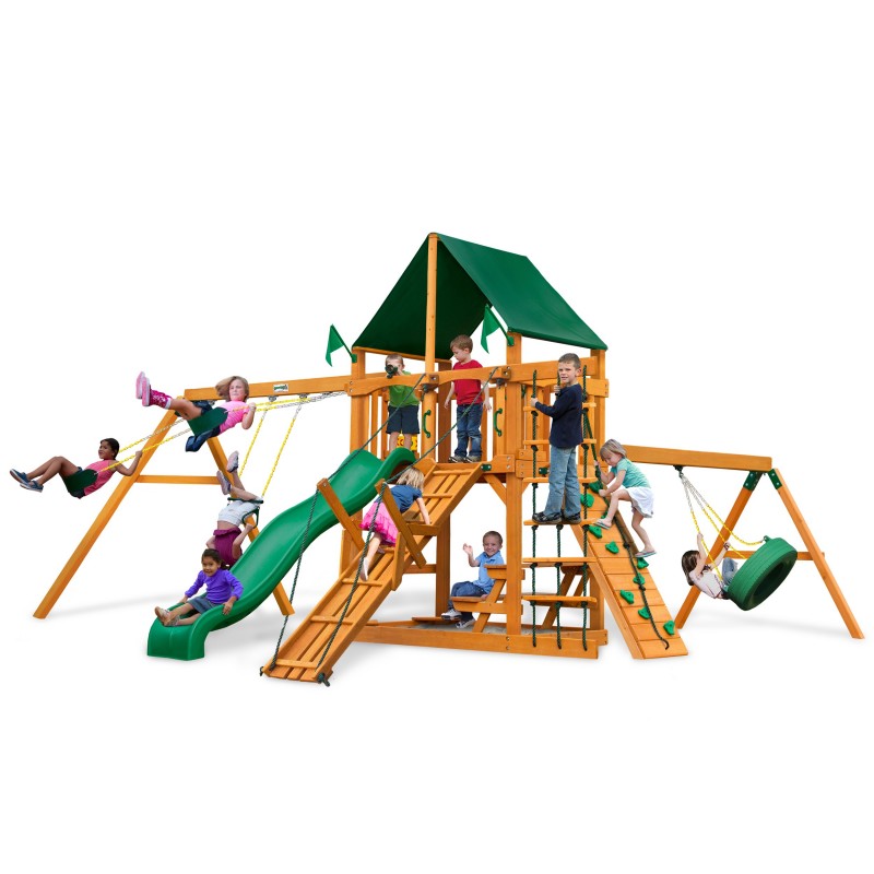 Gorilla Frontier Cedar Wood Swing Set Kit w/ Amber Posts and and Sunbrella® Canvas Forest Green Canopy - Amber (01-0004-AP-2)