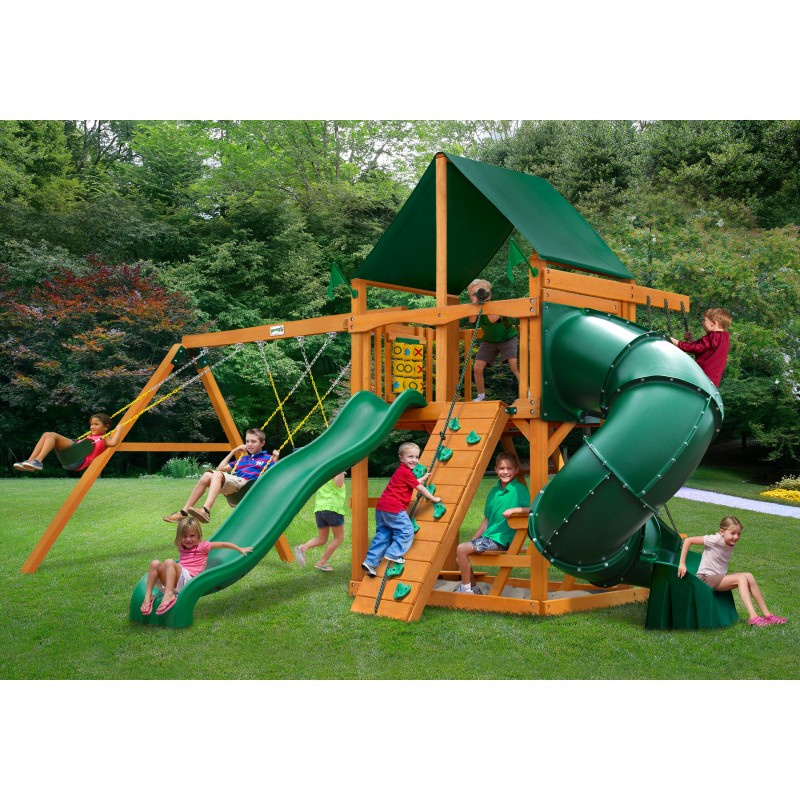Gorilla Mountaineer Cedar Wood Swing Set Kit w/ Amber Posts and and Sunbrella® Canvas Forest Green Canopy - Amber (01-0005-AP-2)
