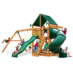 Gorilla Mountaineer Cedar Wood Swing Set Kit w/ Amber Posts and and Sunbrella® Canvas Forest Green Canopy - Amber (01-0005-AP-2)