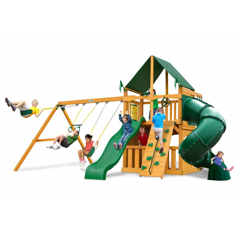 Gorilla Mountaineer Clubhouse Cedar Wood Swing Set Kit w/ Amber Posts and Sunbrella® Forest Green Canopy - Amber (01-0033-AP-2)