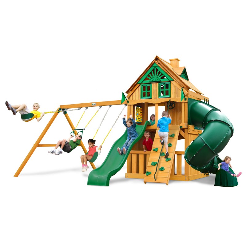 Gorilla Mountaineer Clubhouse Treehouse Cedar Wood Swing Set Kit  w/ Fort Add-On & Amber Posts - Amber (01-0069-AP)