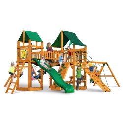 Pioneer Peak Cedar Wood Swing Set KIt  w/ Amber Posts and Sunbrella® Canvas Forest Green Canopy - Amber (01-0006-AP-2)