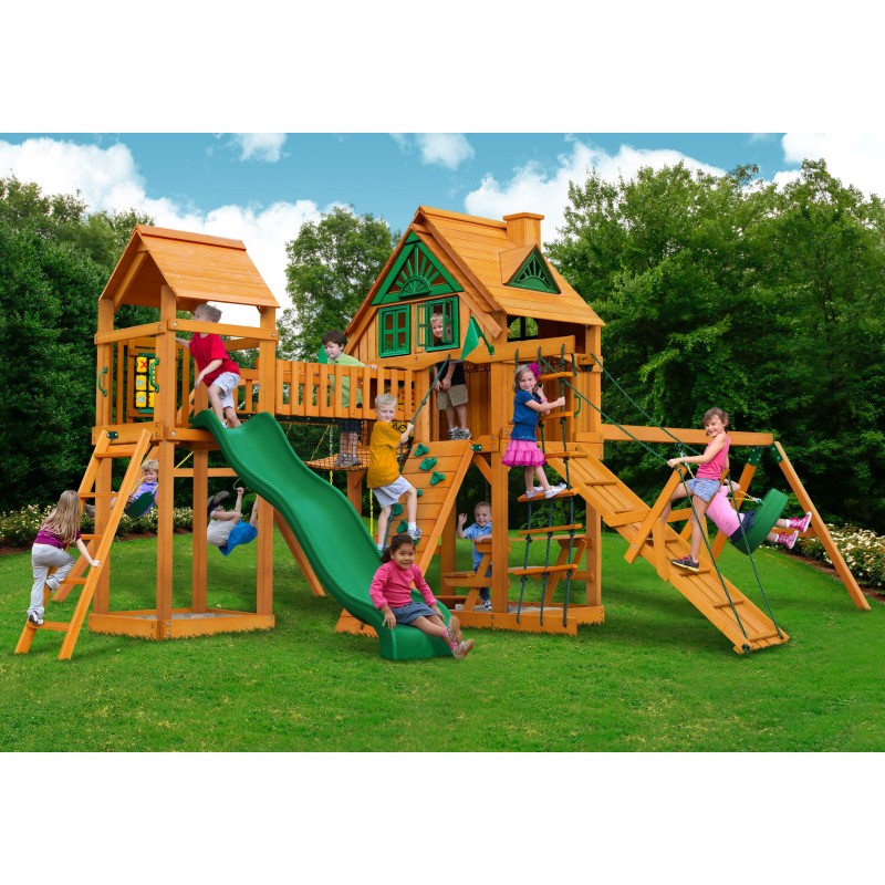 Gorilla Pioneer Peak Treehouse Cedar Wood Swing Set Kit w/ Fort Add-On &  w/ Amber Posts - Amber (01-0070-AP)