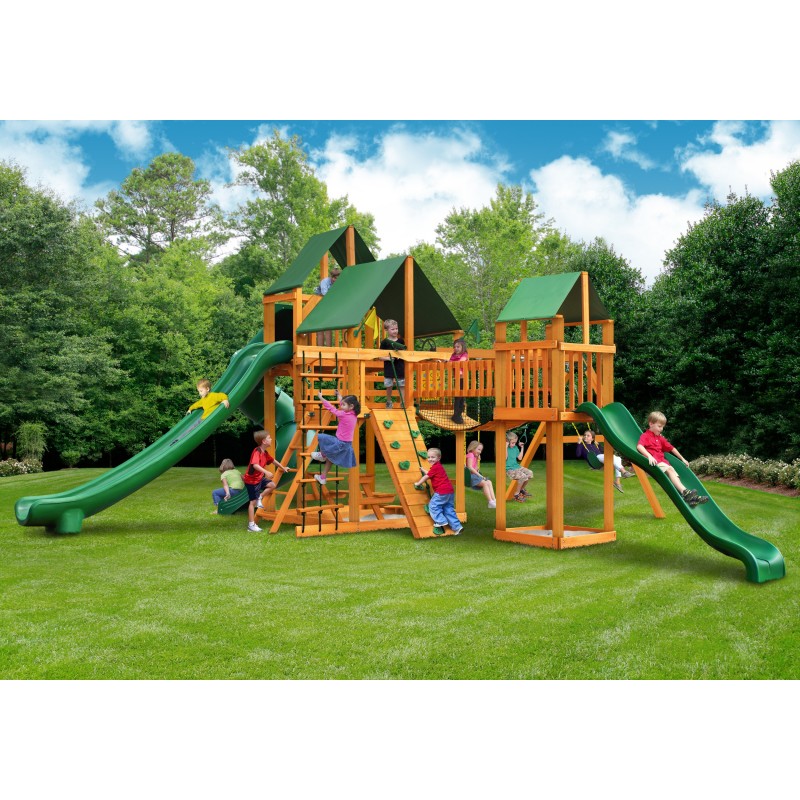 Gorilla Treasure Trove II Cedar Wood Swing Set Kit w/ Amber Posts & Sunbrella® Forest Green Canopy  - Amber (01-1034-AP-2)