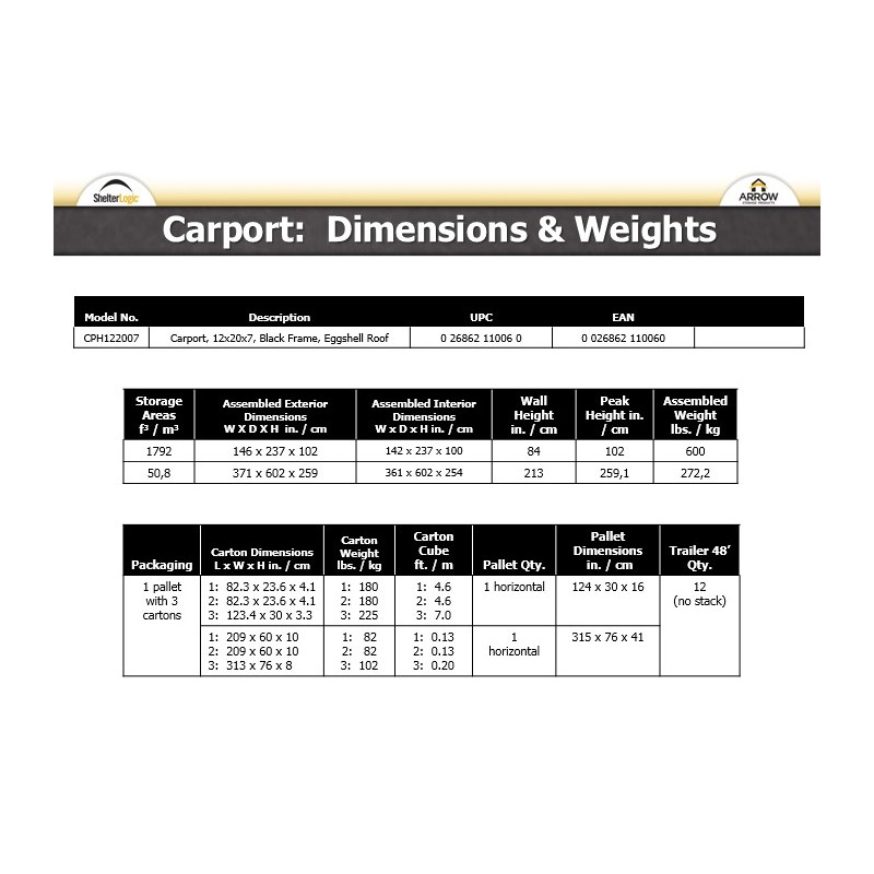 Arrow 12'x20'x7' Carport Kit (CPH122007)