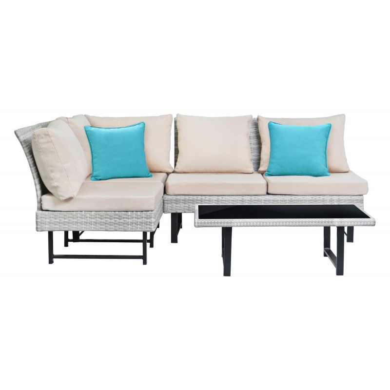 Aleron Rattan Outdoor Sectional and Coffee Table with Teal Accent Pillows