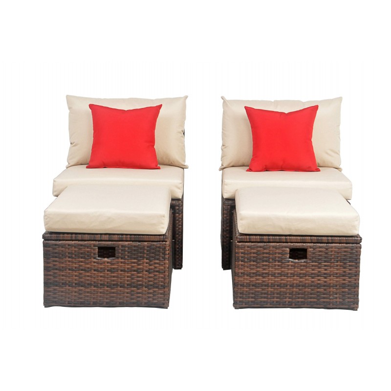 Telford Rattan Outdoor Sette and Storage Ottoman with Red Accent Pillows