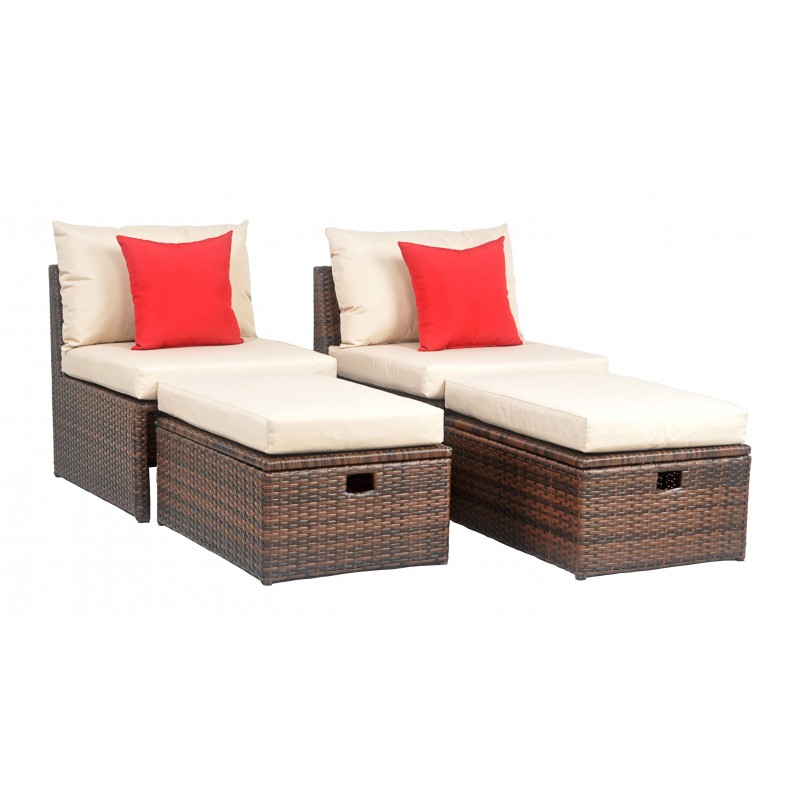 Telford Rattan Outdoor Sette and Storage Ottoman with Red Accent Pillows