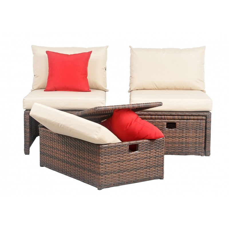 Telford Rattan Outdoor Sette and Storage Ottoman with Red Accent Pillows