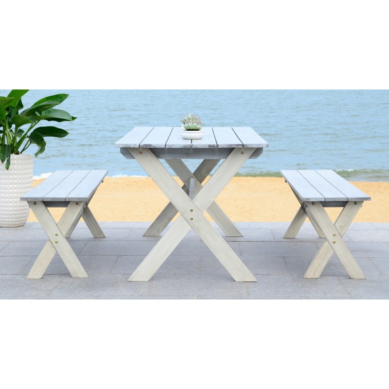 Safavieh Marina 3 Piece Dining Set with 63-inch L Table and 2 Backless Benches-Grey/White (PAT7021A)