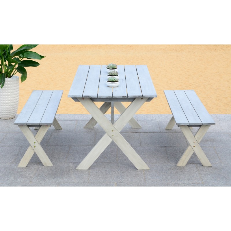 Safavieh Marina 3 Piece Dining Set with 63-inch L Table and 2 Backless Benches-Grey/White (PAT7021A)