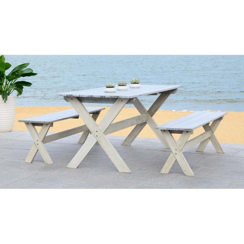 Safavieh Marina 3 Piece Dining Set with 63-inch L Table and 2 Backless Benches-Grey/White (PAT7021A)