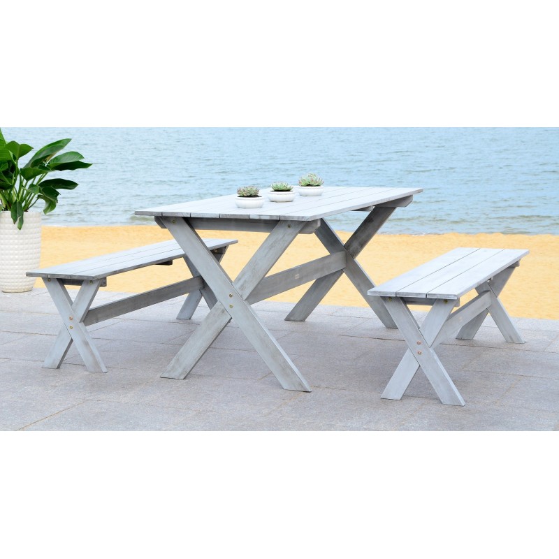 Safavieh Marina 3 Piece Dining Set with 63-inch L Table and 2 Backless Benches-Grey Wash (PAT7021B)
