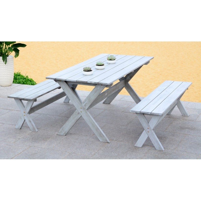 Safavieh Marina 3 Piece Dining Set with 63-inch L Table and 2 Backless Benches-Grey Wash (PAT7021B)