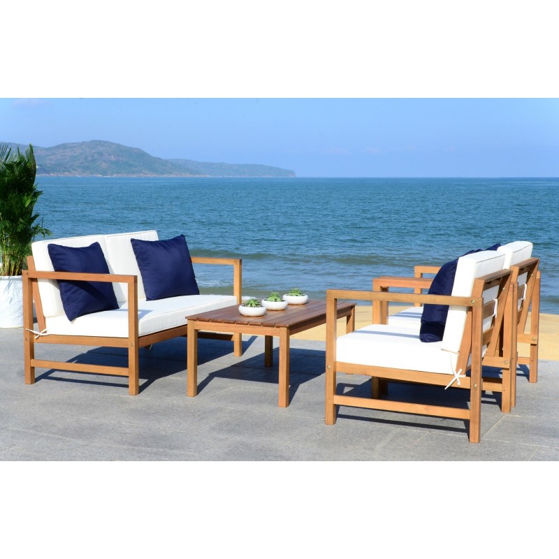 Safavieh Montez 4 PC Outdoor Set with Accent Pillows - Natural/White/Navy (PAT7030A)