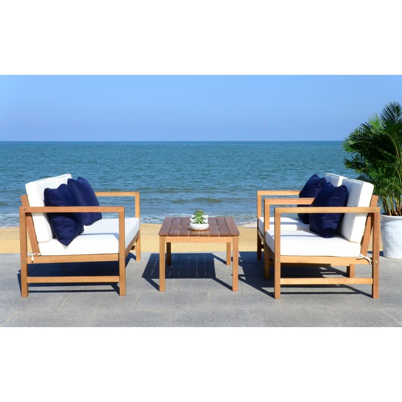 Safavieh Montez 4 PC Outdoor Set with Accent Pillows - Natural/White/Navy (PAT7030A)