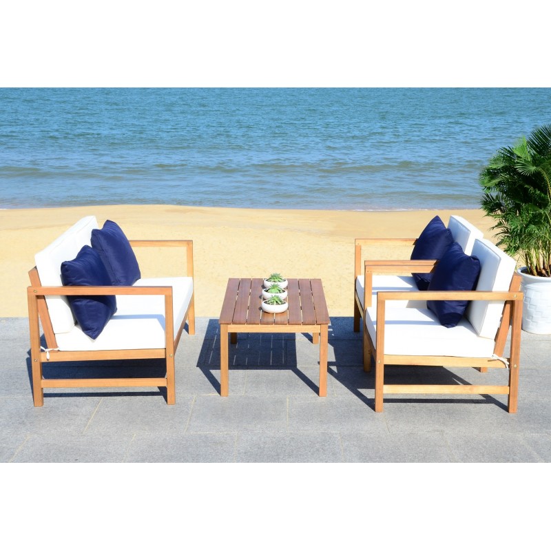 Safavieh Montez 4 PC Outdoor Set with Accent Pillows - Natural/White/Navy (PAT7030A)