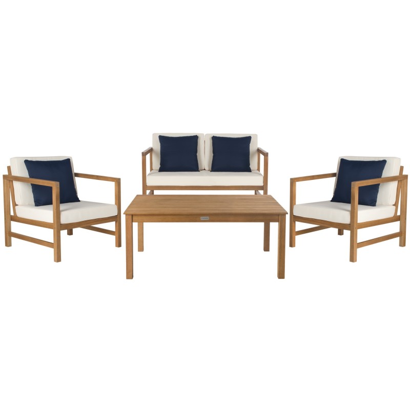 Safavieh Montez 4 PC Outdoor Set with Accent Pillows - Natural/White/Navy (PAT7030A)