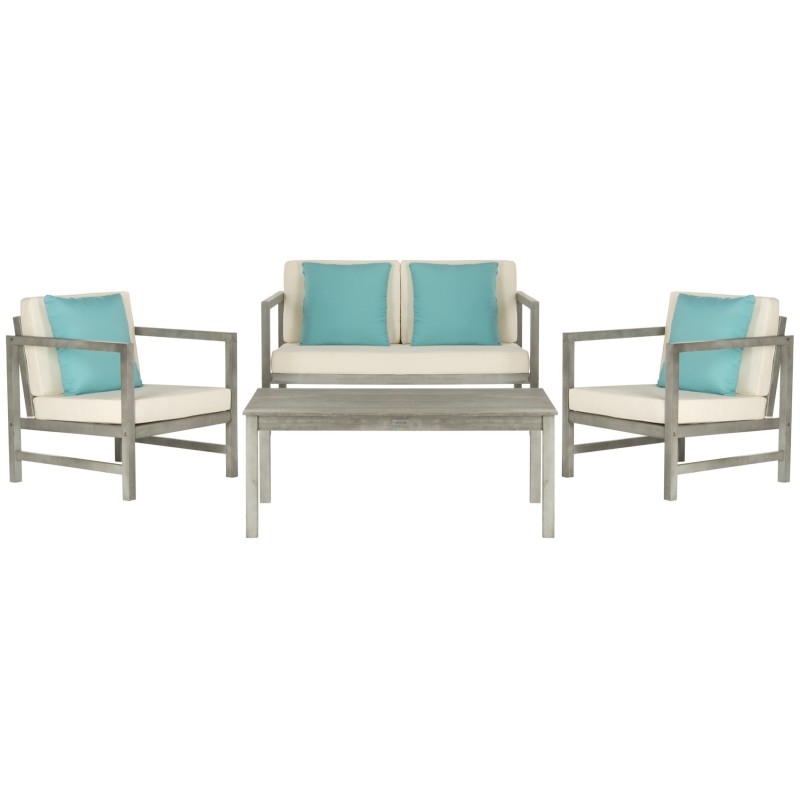 Safavieh Montez 4 PC Outdoor Set with Accent Pillows-Grey Wash/White/Light Blue (PAT7030B)