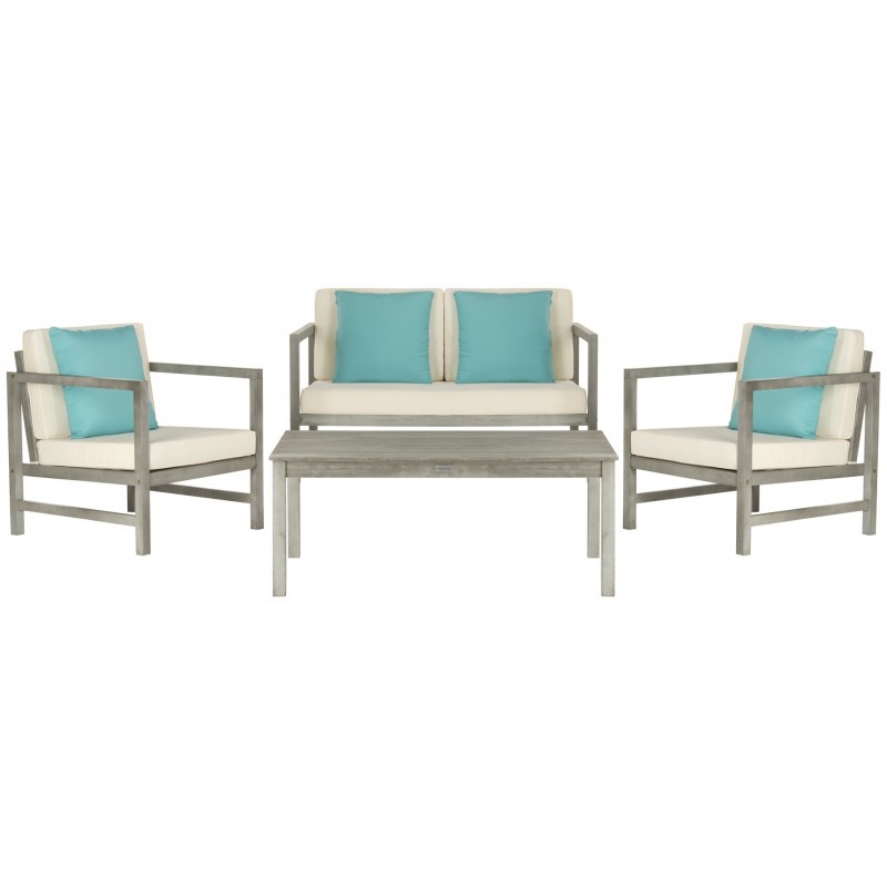 Safavieh Montez 4 PC Outdoor Set with Accent Pillows-Grey Wash/White/Light Blue (PAT7030B)