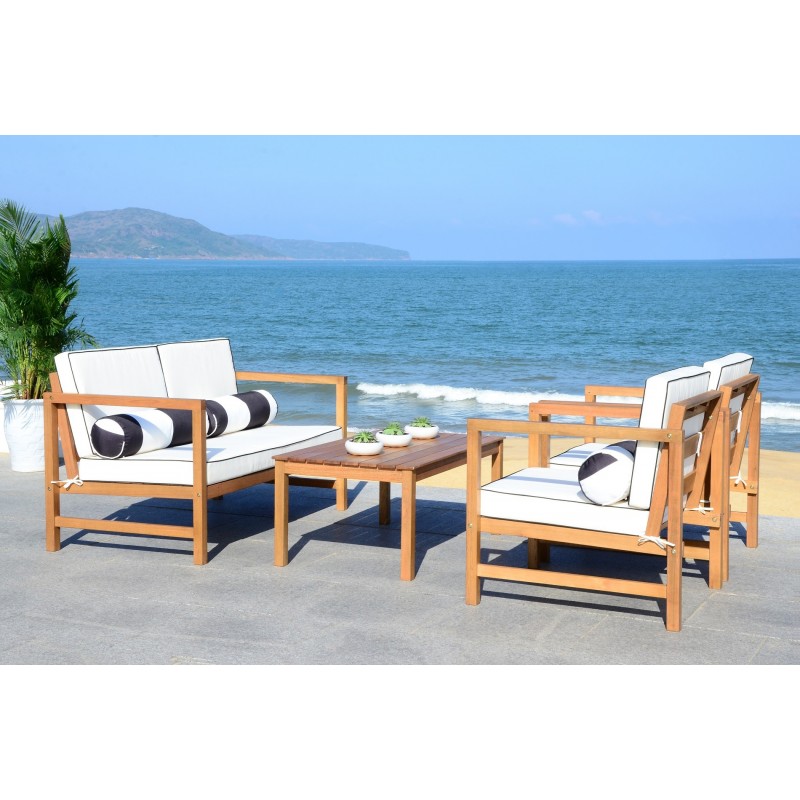 Safavieh Montez 4 PC Outdoor Set with Accent Pillows - Natural/Black/White (PAT7030C)