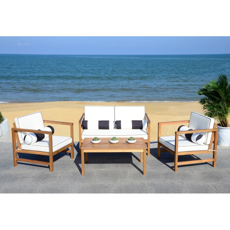 Safavieh Montez 4 PC Outdoor Set with Accent Pillows - Natural/Black/White (PAT7030C)