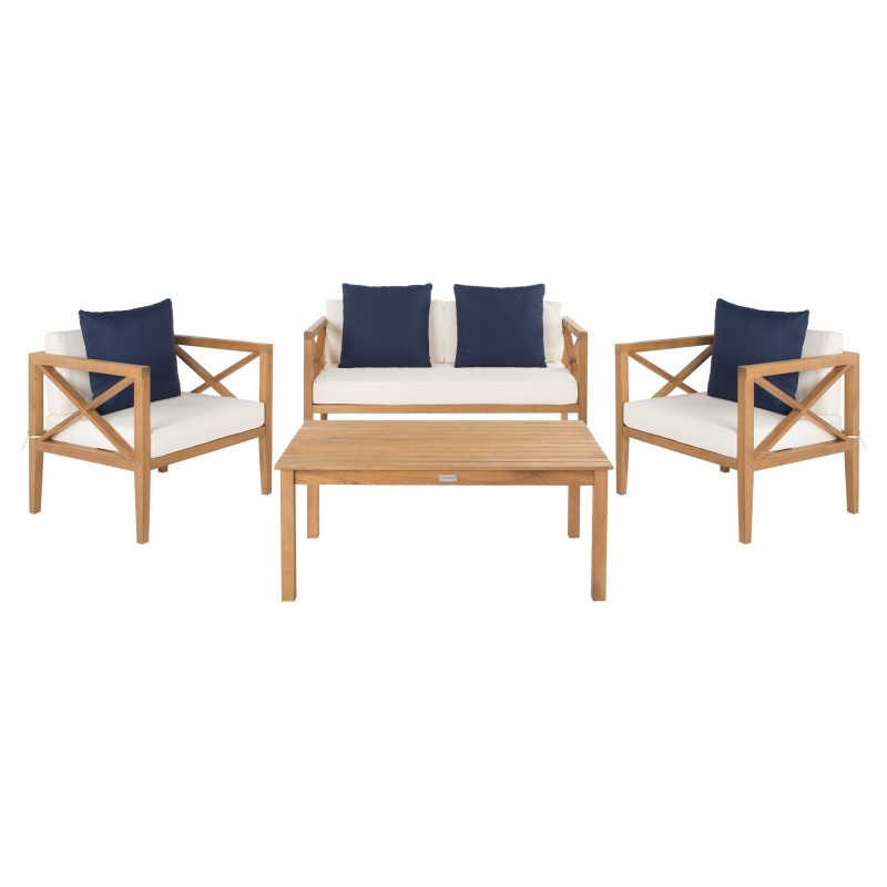 Safavieh Nunzio 4 PC Outdoor Set with Accent Pillows - Natural/White/Navy (PAT7031A)