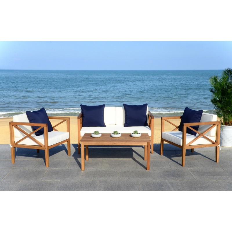 Safavieh Nunzio 4 PC Outdoor Set with Accent Pillows - Natural/White/Navy (PAT7031A)