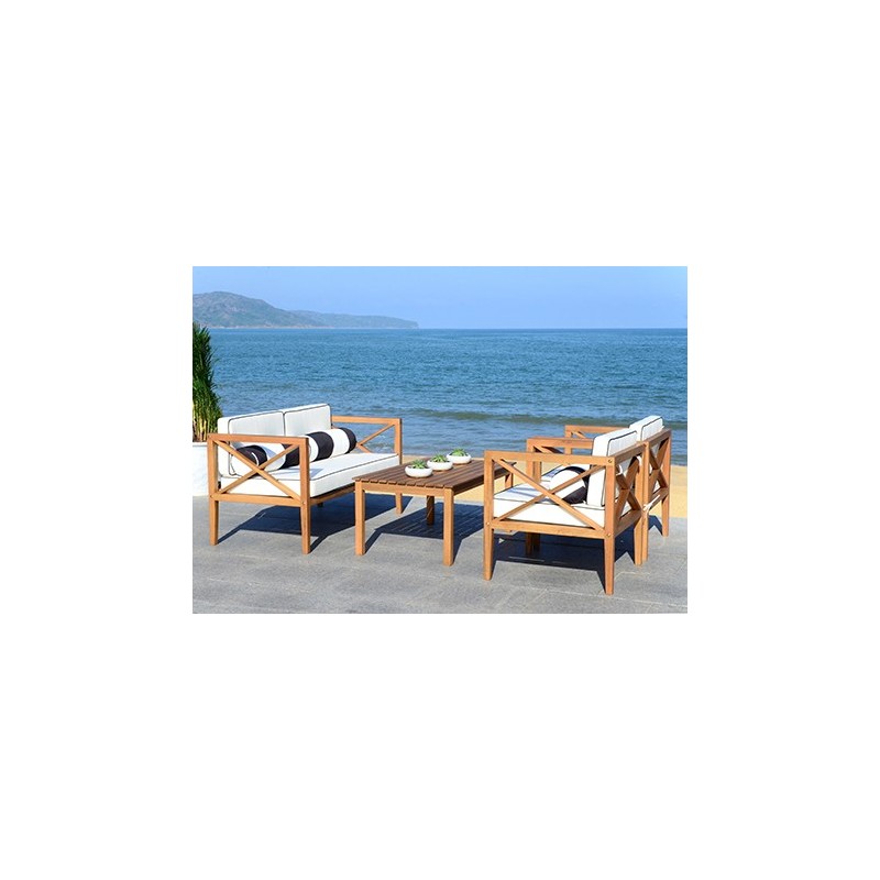 Safavieh Nunzio 4 PC Outdoor Set with Accent Pillows - Natural/Black/White (PAT7031C)