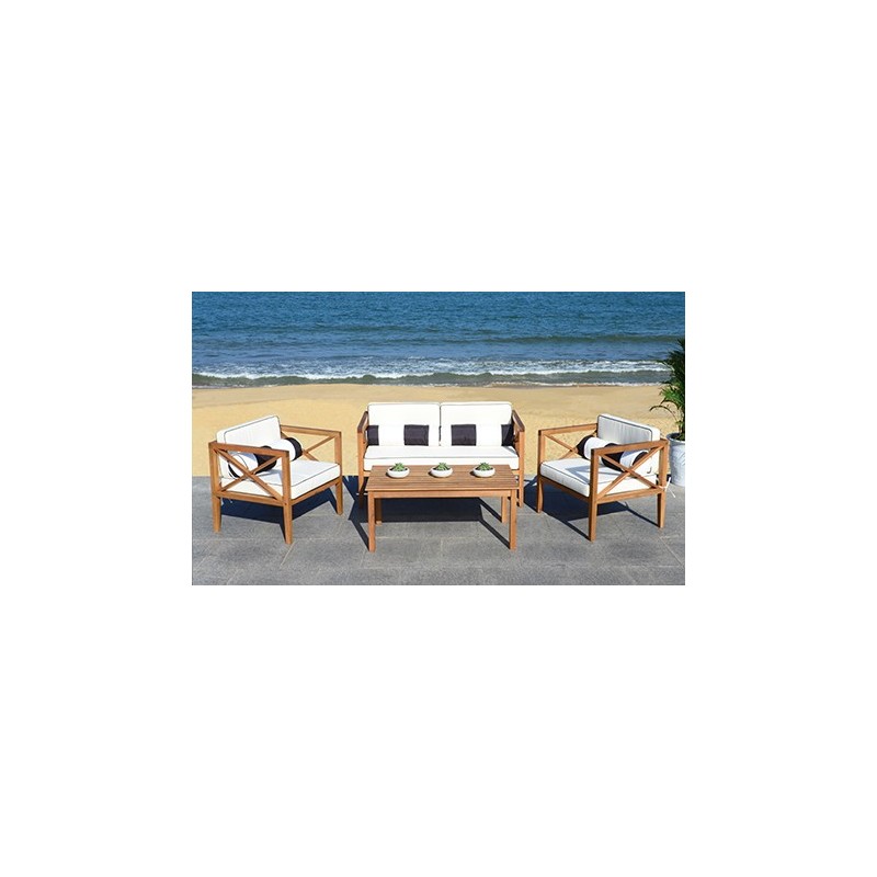 Safavieh Nunzio 4 PC Outdoor Set with Accent Pillows - Natural/Black/White (PAT7031C)
