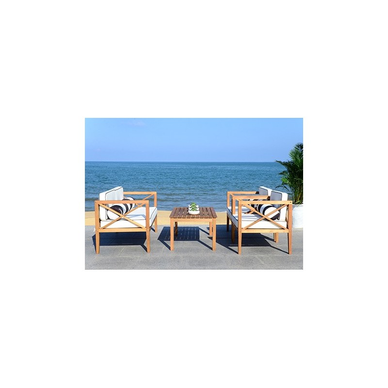 Safavieh Nunzio 4 PC Outdoor Set with Accent Pillows - Natural/Black/White (PAT7031C)