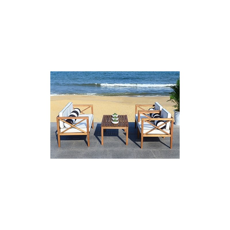 Safavieh Nunzio 4 PC Outdoor Set with Accent Pillows - Natural/Black/White (PAT7031C)