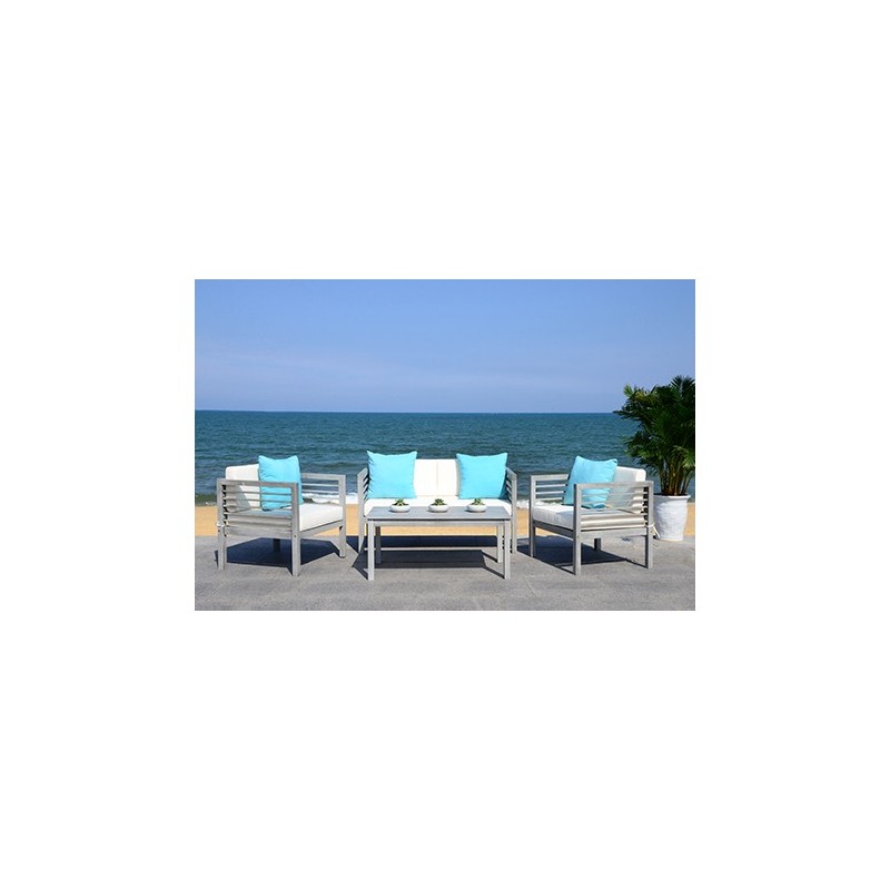 Safavieh Alda 4 PC Outdoor Set with Accent Pillows-Grey Wash/White/ Light Blue (PAT7033B)