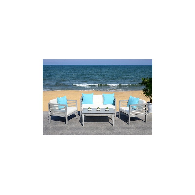 Safavieh Alda 4 PC Outdoor Set with Accent Pillows-Grey Wash/White/ Light Blue (PAT7033B)