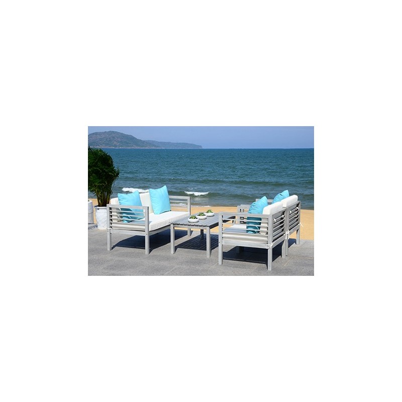 Safavieh Alda 4 PC Outdoor Set with Accent Pillows-Grey Wash/White/ Light Blue (PAT7033B)