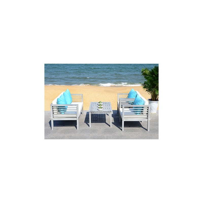 Safavieh Alda 4 PC Outdoor Set with Accent Pillows-Grey Wash/White/ Light Blue (PAT7033B)