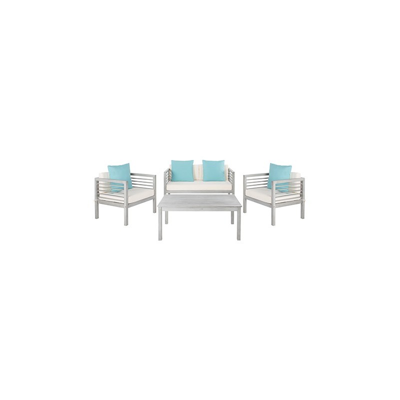 Safavieh Alda 4 PC Outdoor Set with Accent Pillows-Grey Wash/White/ Light Blue (PAT7033B)