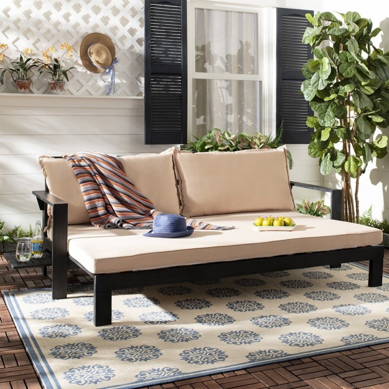 Safavieh Hammett Double Sun Lounger with Pullout Table - Dark Slate Grey/Sahara Beige (PAT6748A)