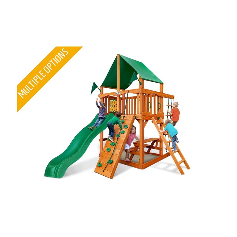Gorilla Chateau Tower Cedar Wood Swing Set Kit w/ Amber Posts and Sunbrella® Canvas Forest Green Canopy - Amber (01-0061-AP-2)